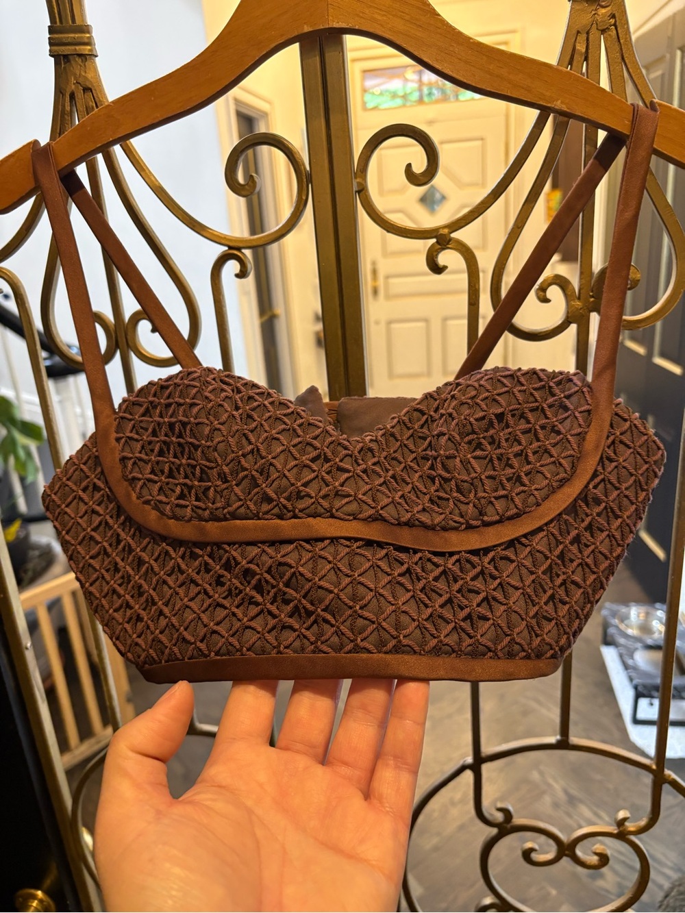 Brown Woven crochet bralette  crop top Ronny kobo As is small sample sale
